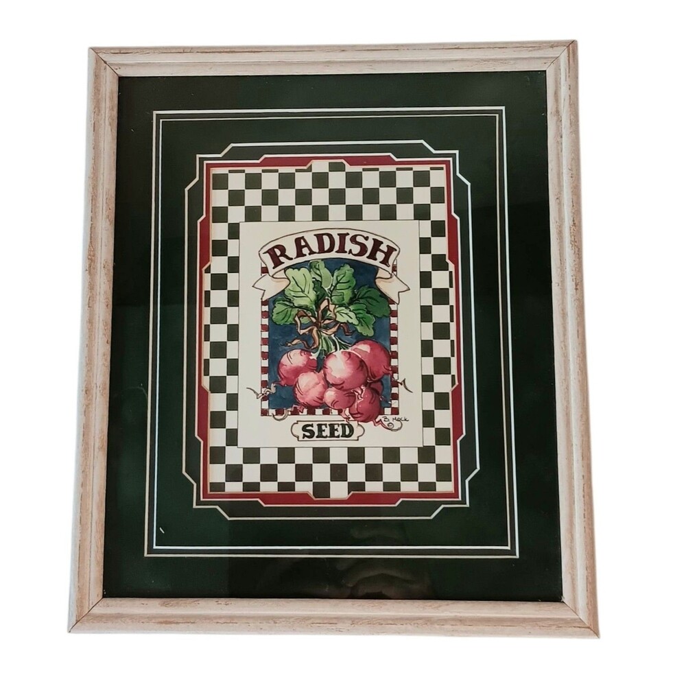 VTG Barbara Mock Radish Print Matted And Framed Green Red Black & White Checks